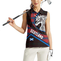Scotland Women Sleeveless Polo Shirt with Red Blue Tartan Pattern with Unicorn Illustration Saltire Flag and Where Tartan Meets Myth Quote Design - Wonder Print Shop