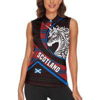 Scotland Women Sleeveless Polo Shirt with Red Blue Tartan Pattern with Unicorn Illustration Saltire Flag and Where Tartan Meets Myth Quote Design - Wonder Print Shop