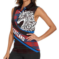 Scotland Women Sleeveless Polo Shirt with Red Blue Tartan Pattern with Unicorn Illustration Saltire Flag and Where Tartan Meets Myth Quote Design - Wonder Print Shop