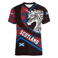Scotland Women V-Neck T-Shirt with Red Blue Tartan Pattern with Unicorn Illustration Saltire Flag and Where Tartan Meets Myth Quote Design - Wonder Print Shop