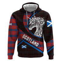 Scotland Zip Hoodie with Red Blue Tartan Pattern with Unicorn Illustration Saltire Flag and Where Tartan Meets Myth Quote Design - Wonder Print Shop