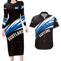 Scotland Lion Couples Matching Long Sleeve Bodycon Dress and Hawaiian Shirt with Blue and White Saltire and Tartan Pattern - Wonder Print Shop