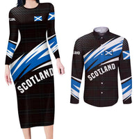 Scotland Lion Couples Matching Long Sleeve Bodycon Dress and Long Sleeve Button Shirt with Blue and White Saltire and Tartan Pattern - Wonder Print Shop