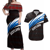 Scotland Lion Couples Matching Off Shoulder Maxi Dress and Hawaiian Shirt with Blue and White Saltire and Tartan Pattern - Wonder Print Shop