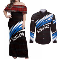 Scotland Lion Couples Matching Off Shoulder Maxi Dress and Long Sleeve Button Shirt with Blue and White Saltire and Tartan Pattern - Wonder Print Shop