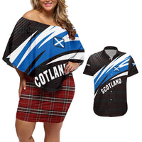 Scotland Lion Couples Matching Off Shoulder Short Dress and Hawaiian Shirt with Blue and White Saltire and Tartan Pattern - Wonder Print Shop