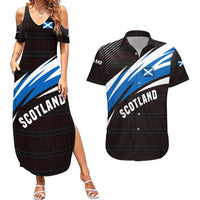 Scotland Lion Couples Matching Summer Maxi Dress and Hawaiian Shirt with Blue and White Saltire and Tartan Pattern - Wonder Print Shop