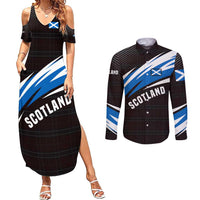 Scotland Lion Couples Matching Summer Maxi Dress and Long Sleeve Button Shirt with Blue and White Saltire and Tartan Pattern - Wonder Print Shop