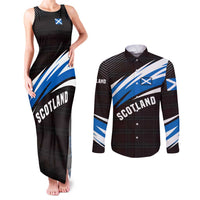 Scotland Lion Couples Matching Tank Maxi Dress and Long Sleeve Button Shirt with Blue and White Saltire and Tartan Pattern - Wonder Print Shop