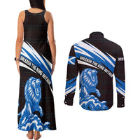 Scotland Lion Couples Matching Tank Maxi Dress and Long Sleeve Button Shirt with Blue and White Saltire and Tartan Pattern - Wonder Print Shop