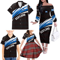 Scotland Lion Family Matching Off The Shoulder Long Sleeve Dress and Hawaiian Shirt with Blue and White Saltire and Tartan Pattern - Wonder Print Shop