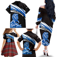 Scotland Lion Family Matching Off The Shoulder Long Sleeve Dress and Hawaiian Shirt with Blue and White Saltire and Tartan Pattern - Wonder Print Shop
