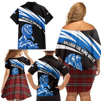 Scotland Lion Family Matching Off Shoulder Short Dress and Hawaiian Shirt with Blue and White Saltire and Tartan Pattern - Wonder Print Shop