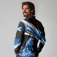 Scotland Lion Long Sleeve Polo Shirt with Blue and White Saltire and Tartan Pattern - Wonder Print Shop