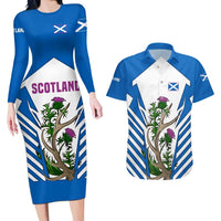 Scotland Thistle and Saltire Couples Matching Long Sleeve Bodycon Dress and Hawaiian Shirt with Blue and White National Design - Wonder Print Shop