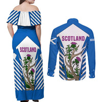 Scotland Thistle and Saltire Couples Matching Off Shoulder Maxi Dress and Long Sleeve Button Shirt with Blue and White National Design - Wonder Print Shop