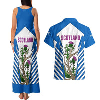 Scotland Thistle and Saltire Couples Matching Tank Maxi Dress and Hawaiian Shirt with Blue and White National Design - Wonder Print Shop