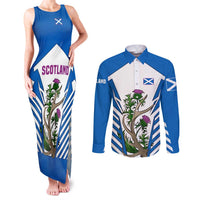 Scotland Thistle and Saltire Couples Matching Tank Maxi Dress and Long Sleeve Button Shirt with Blue and White National Design - Wonder Print Shop