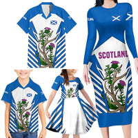 Scotland Thistle and Saltire Family Matching Long Sleeve Bodycon Dress and Hawaiian Shirt with Blue and White National Design - Wonder Print Shop