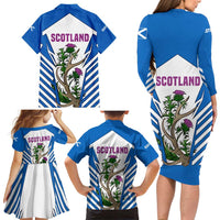 Scotland Thistle and Saltire Family Matching Long Sleeve Bodycon Dress and Hawaiian Shirt with Blue and White National Design - Wonder Print Shop