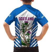 Scotland Thistle and Saltire Family Matching Off The Shoulder Long Sleeve Dress and Hawaiian Shirt with Blue and White National Design - Wonder Print Shop