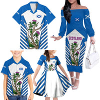 Scotland Thistle and Saltire Family Matching Off The Shoulder Long Sleeve Dress and Hawaiian Shirt with Blue and White National Design - Wonder Print Shop
