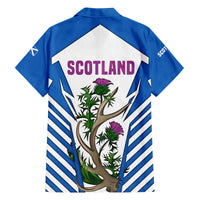 Scotland Thistle and Saltire Family Matching Off The Shoulder Long Sleeve Dress and Hawaiian Shirt with Blue and White National Design - Wonder Print Shop