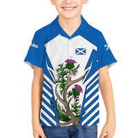 Scotland Thistle and Saltire Family Matching Off The Shoulder Long Sleeve Dress and Hawaiian Shirt with Blue and White National Design - Wonder Print Shop
