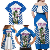 Scotland Thistle and Saltire Family Matching Off Shoulder Maxi Dress and Hawaiian Shirt with Blue and White National Design - Wonder Print Shop