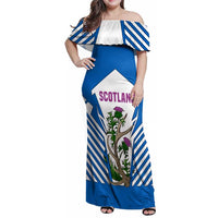 Scotland Thistle and Saltire Family Matching Off Shoulder Maxi Dress and Hawaiian Shirt with Blue and White National Design - Wonder Print Shop