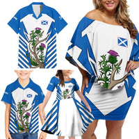 Scotland Thistle and Saltire Family Matching Off Shoulder Short Dress and Hawaiian Shirt with Blue and White National Design - Wonder Print Shop