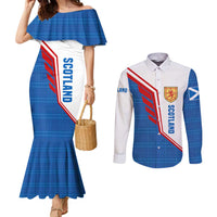 Scotland Blue Tartan Couples Matching Mermaid Dress and Long Sleeve Button Shirt with Crest and Saltire Shield Design - Wonder Print Shop