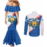 Scotland Blue Tartan Couples Matching Mermaid Dress and Long Sleeve Button Shirt with Crest and Saltire Shield Design - Wonder Print Shop