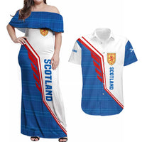 Scotland Blue Tartan Couples Matching Off Shoulder Maxi Dress and Hawaiian Shirt with Crest and Saltire Shield Design - Wonder Print Shop