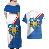 Scotland Blue Tartan Couples Matching Off Shoulder Maxi Dress and Hawaiian Shirt with Crest and Saltire Shield Design - Wonder Print Shop