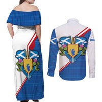 Scotland Blue Tartan Couples Matching Off Shoulder Maxi Dress and Long Sleeve Button Shirt with Crest and Saltire Shield Design - Wonder Print Shop