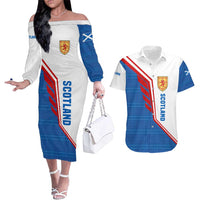 Scotland Blue Tartan Couples Matching Off The Shoulder Long Sleeve Dress and Hawaiian Shirt with Crest and Saltire Shield Design - Wonder Print Shop