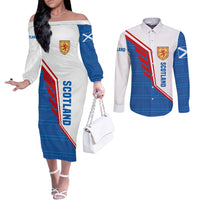 Scotland Blue Tartan Couples Matching Off The Shoulder Long Sleeve Dress and Long Sleeve Button Shirt with Crest and Saltire Shield Design - Wonder Print Shop