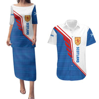 Scotland Blue Tartan Couples Matching Puletasi and Hawaiian Shirt with Crest and Saltire Shield Design - Wonder Print Shop