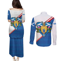 Scotland Blue Tartan Couples Matching Puletasi and Long Sleeve Button Shirt with Crest and Saltire Shield Design - Wonder Print Shop