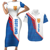 Scotland Blue Tartan Couples Matching Short Sleeve Bodycon Dress and Hawaiian Shirt with Crest and Saltire Shield Design - Wonder Print Shop