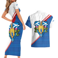 Scotland Blue Tartan Couples Matching Short Sleeve Bodycon Dress and Hawaiian Shirt with Crest and Saltire Shield Design - Wonder Print Shop