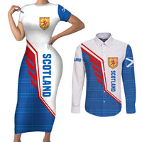 Scotland Blue Tartan Couples Matching Short Sleeve Bodycon Dress and Long Sleeve Button Shirt with Crest and Saltire Shield Design - Wonder Print Shop