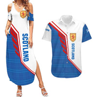 Scotland Blue Tartan Couples Matching Summer Maxi Dress and Hawaiian Shirt with Crest and Saltire Shield Design - Wonder Print Shop