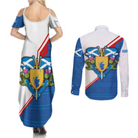 Scotland Blue Tartan Couples Matching Summer Maxi Dress and Long Sleeve Button Shirt with Crest and Saltire Shield Design - Wonder Print Shop