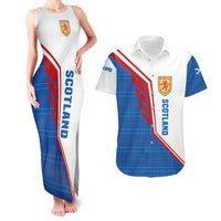 Scotland Blue Tartan Couples Matching Tank Maxi Dress and Hawaiian Shirt with Crest and Saltire Shield Design - Wonder Print Shop