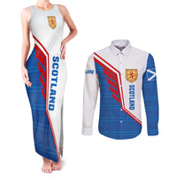 Scotland Blue Tartan Couples Matching Tank Maxi Dress and Long Sleeve Button Shirt with Crest and Saltire Shield Design - Wonder Print Shop
