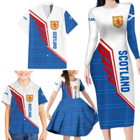Scotland Blue Tartan Family Matching Long Sleeve Bodycon Dress and Hawaiian Shirt with Crest and Saltire Shield Design - Wonder Print Shop