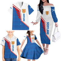 Scotland Blue Tartan Family Matching Off The Shoulder Long Sleeve Dress and Hawaiian Shirt with Crest and Saltire Shield Design - Wonder Print Shop