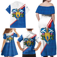 Scotland Blue Tartan Family Matching Off Shoulder Maxi Dress and Hawaiian Shirt with Crest and Saltire Shield Design - Wonder Print Shop